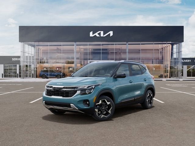 2026 Kia Seltos S in Pluton Blue/Black Roof — front three-quarter view